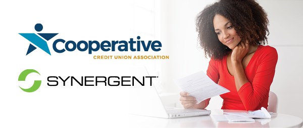 Logos for Synergent and the Cooperative Credit Union Association. Woman looking at a document.