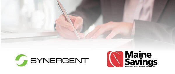 Graphic with Synergent and Maine Savings logos, with person signing a document with a pen.